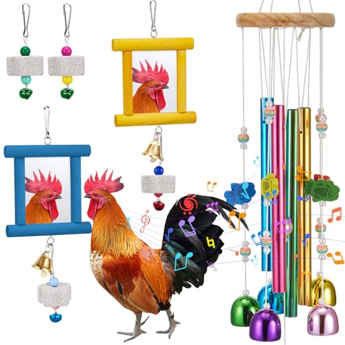 VioraWhite 7 Pcs Chicken Toys, Hanging Chicken Wind Chime, 2 Pcs Coop Mirror Toys with Bells 4 Pack Beak Grinding Stones, Musical Coop Accessories for Hens Roosters Chicks Poultry Birds(Yellow，Blue) - color: Yellow，blue