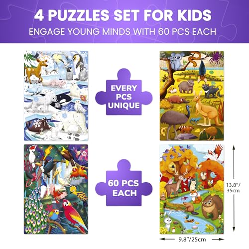 Puzzles for Kids Ages 4-6 - 4 x 60 Piece Jigsaw Puzzles for Toddlers 3-5 | Polar, Birds and Animals - Educational Kids Puzzles Ages 6-8 - Learning Gift Game for Children and Toddlers - color: 4x60 Birds