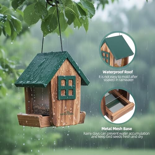 Wooden Hanging Hopper Bird Feeder for Outdoors with Weatherproof Roof Green | Bird House Feeder Attracts Various Wild Birds Cardinals, Bluebirds For Backyard, Yard And Patio Hanging Feeding - color: Green