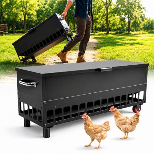 120LBS Automatic Metal Chicken Feeder,Heavy Duty Steel Chicken Feeder Box | Portable Chicken Feede Poultry Feeder with single-side casters and Weatherproof Lid for Ducks, Geese, Black