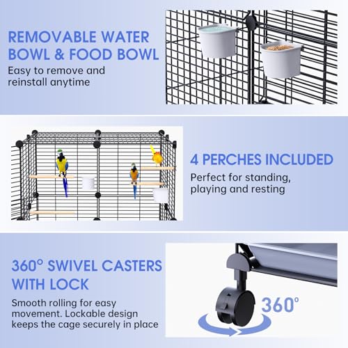 Flight Bird Cage, Large Metal Parakeet Cage with Wheels | With Perches, Slide-Out Trays, Bowls & Bird Toys for Cockatiels, Lovebirds & Small to Medium Birds, 25.5" x 25.5" x 46"