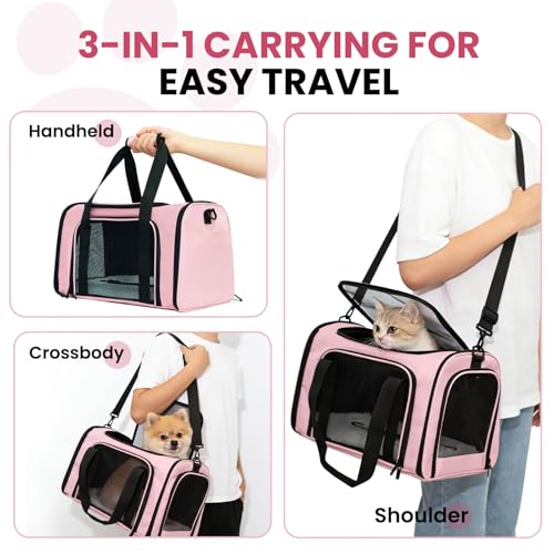 Soft-Sided Cat Carrier 18x11x11 in Expandable Travel Pet Bag 15LBS | For Cats and Small Dogs with Anti-Scratch Mesh Washable Mat Collapsible Escape-Proof Airline Approved with Shoulder Strap - color: Pink, size: 11.0"L x 11.0"W x 18.0"H