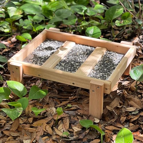 DutchCrafters Cedar Wood Large Open Ground Platform Bird Feeder Tray, Wooden Bird Seed Feeder for Outdoor Wild Birds, Animals for Outside, Garden, Yard