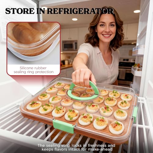 Deviled Egg Containers with Lid, Acacia Wooden Base with 28 Slots | Portable Deviled Egg Platter Carrier Holder Trays, Elegant appearance, Strong Durability, for Party and Home Kitchen - color: Green