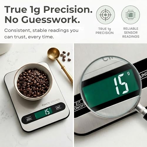 CINCY Digital Food Scale for Kitchen – Stainless Steel Kitchen Scale with Tare Function, Large LCD – Meal Prep, Baking & Cooking Scale - 6 Units (g/oz/lb/ml/kg) -10kg/22lb Capacity, 1g Precision
