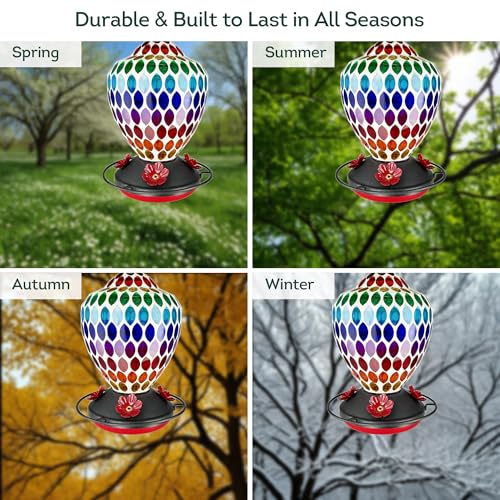 Lily's Home Mosaic Glass Hummingbird Feeder 35oz - Colorful Garden Décor - Easy Refill Wide-Mouth - Includes S Hook & Brush for Bird Lovers - Measures 5.9’’x5.9’’x8.3’’ - color: Multicolor