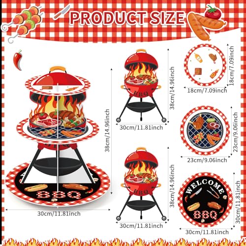 3 Tier BBQ Party Decorations Baby Q Baby Shower Cake Stand Barbecue Theme Summer Cupcake Tower BQQ Table Decor Red and Black Gingham Cake Holder for Summer Picnic Camping Party Decor Supplies - style: Bbq