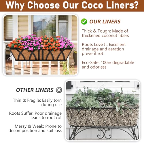 Riare 2 Pack 48 Inch Rectangle Coco Liners for Planters, Window Box Liners | 100% Natural Coconut Liners Replacement, Breathable Pre-Formed Planter Box Liner for Wall, Deck, Patio, Railing Planters - size: 48inch