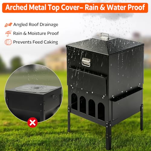 16-Ports Large Chicken Feeder with Grille & Baffle, No Waste Feeder | 80-100LBS Gravity Automatic Feeder with Sloped Roof Lid, Rainproof Heavy-Duty Poultry Feeder for All Poultry
