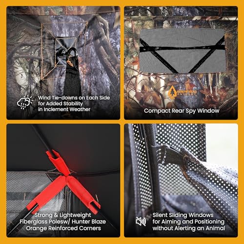 Hunting Stealth Deer Blind Shelter, Camping, Camouflage | 270° Vision 4.8x4.8 Ft Pop-up 2-3 Person See-Through, Magnetic Door, Sliding Windows and Backpack Carry Bag, Beach, Fishing