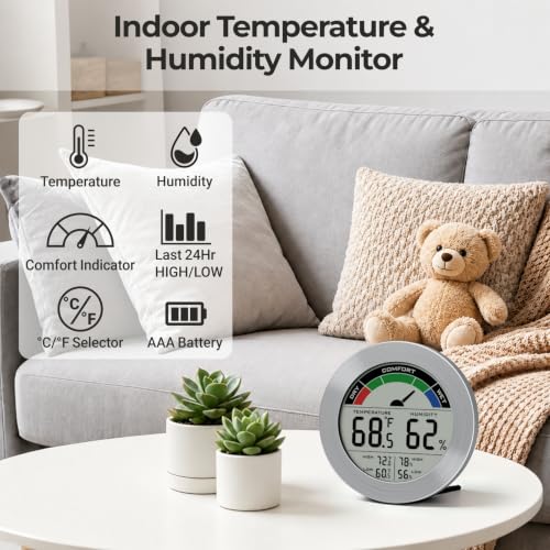 Digital Hygrometer Indoor Thermometer, Brushed Metal Frame, Silver | Large round display, clear digits, accurate readings, comfort gauge, humidity meter, room temperature and humidity monitor - color: Silver Stainless