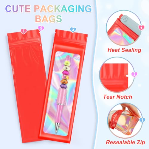 ANZNKU 100 Pcs Holographic Mylar Pen Bags 2.7x9, Red Pen Sleeve Sealable | Beadable Pencil Pouch with Clear Window, Resealable Plastic Zip Baggies, Small Business Jewelry Sample Candy Favor Packaging - color: Red, size: 2.7 x 9 Inch