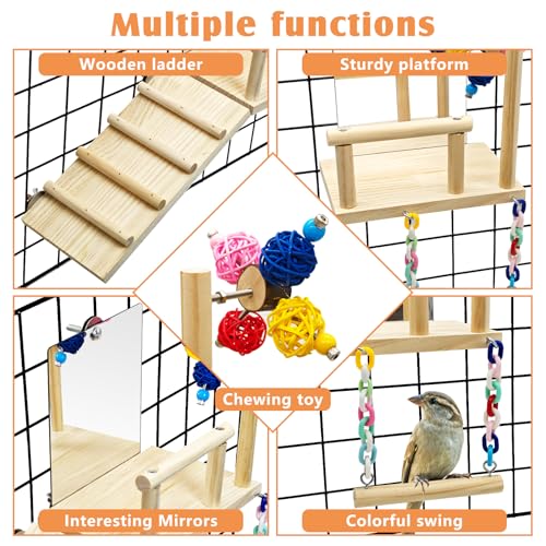 BNOSDM Bird Perch Platform with Mirror, Wooden Climbing Ladder for Parakeet, Small Bird Swing Toys with Rotating Balls Parrot Cage Accessories Budgie Playground for Cockatiel, Lovebirds, Conures - color: 5in1 Bird Perch Platform