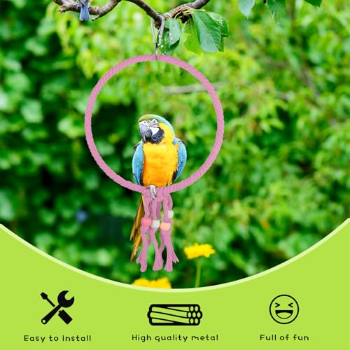 Bird Swing, 20 CM Diameter Hanging Parrot Swing with Colourful Beads, Swing Parrot Toys Cotton Rope Ring Bird Cage Toys for Budgie, Cockatiel, Canary, Parakeet, Finch (Green) - color: green