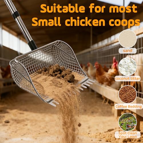 Chicken Poop Scooper for Chicken Coop, Stainless Steel Durable Manure Shovel with Infinitely Adjustable Length Handle, Poultry Cleaning Tool (1-Pack)