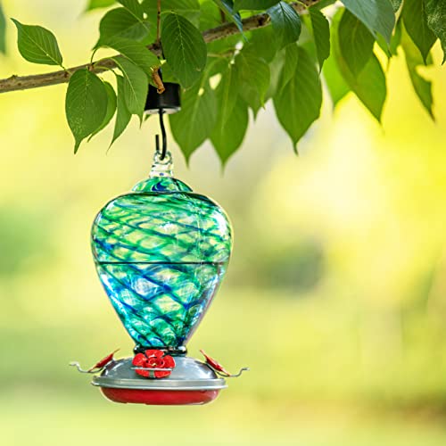 Hummingbird Feeders, 34OZ Hand Blown Glass Hummingbird Feeder for Outdoors Hanging with Ant MoatHooks, Perfect for Gardening Yard Patio Decor Gifts (Blue Mermaid) | Decorative Self Hanging Nectar Bird Feeder for Hummingbirds, Garden Patio Yard Use - color