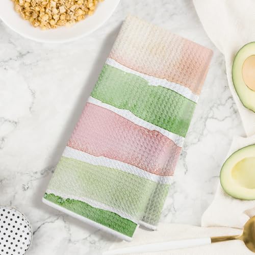 3 Pcs Pink Green Stripe Kitchen Towels, Watercolor Flower Leave Dish Towels | Flower Absorbent Microfiber Waffle Hand Towels for Farmhouse Home Bathroom, Housewarming Gifts - color: Multi 1401