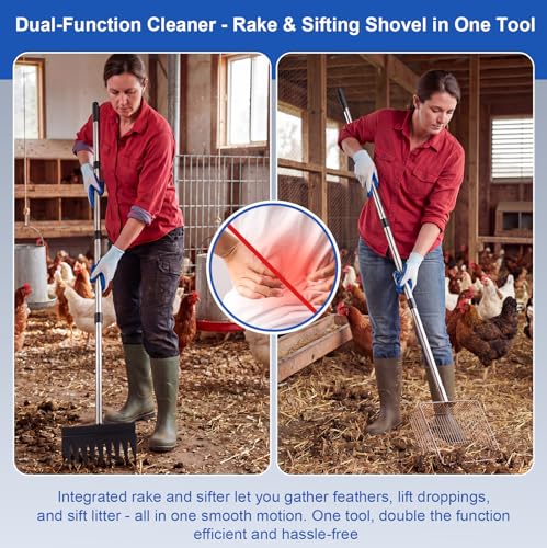 5 Pcs Chicken Poop Scooper Set with Gloves 3-in-1 Manure Scoop with Iron Shovel Rake Combo & 4 Section Adjustable Stainless Steel Handle Sand Sifting Litter Scoop for Chicken Coop Farms Goat