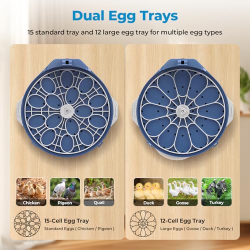Egg Incubator for Hatching Eggs, 5 Preset Incubation Modes & 1 Custom Mode | Hatch 15 Eggs, Temperature and Humidity Adjustable Function, Automatic Egg Turning for Duck, Chicken, Goose, Pigeon and Quail