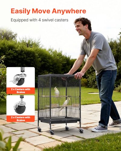 VEVOR Bird Cage, 18 x 18 x 30 inch, Open Flat Top, Wrought Iron Bird Flight Cage with Perches, Slide-Out Tray and Plastic Feeders, Casters, for Parrot, Blue Tit, Cockatiel, Canary, Budgerigar, Conure - size: 18.0"L x 18.0"W x 30.0"H