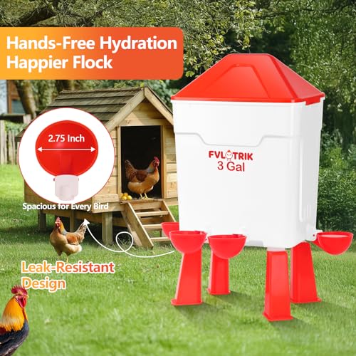 3 Gallon Chicken Waterer and Feeder Set, No Waste Poultry Feeding | 2.75' Automatic Cups & 3.5" Feed Ports for Large Beaks, Anti-Roost Cone, Standing/Hanging Use, Easy No-Tools Assembly