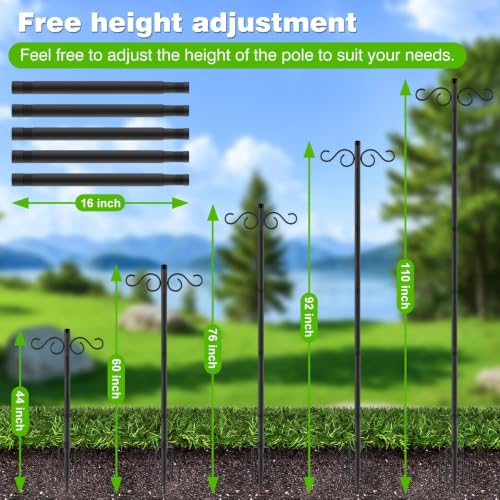 RCUICA Double Shepherds Hooks for Outdoor,2 Pack 110Inch Bird Feeder Pole with 5 Prongs Base,Heavy Duty Shepherds Hook,Suitable for Garden in Hanging Flower Basket,Lantern,Bird Nests (110 inch) - size: 2 Pack 110 inch