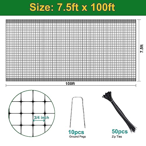 KLEWEE Bird Netting, 7.5 x 100 FT Heavy Garden Netting Deer Netting Fence | Fruit Tree Plant Vegetable Protection, 3/4" Fine Mesh from Birds Deer Squirrel Animals, UV Resistant, 10 Stakes & 50 Zip Ties - size: 7.5 x 100 FT