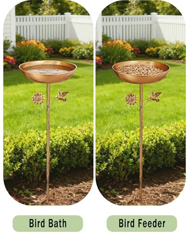 Freestanding Bird Bath with Metal Stake - 11” Antique Bronze Metal Birdbath Bowl & Feeder for Outdoor Garden Yard Decor