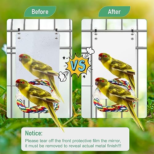 9.4‘’ Bird Mirror for Cage, Coolrunner Bird Parrot Mirror with Rope | for cockatiel conures, lovebirds, Parrot, canaries, and budgies - size: 9.4''