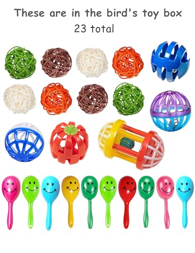 23-Pack Bird Toys for Parrots – Natural Rattan and Plastic Bell Balls | Safe, Fun Cage Decor, Foot Exercise, 1.6 in - 2.8 in - size: 1.6'' - 2.8''