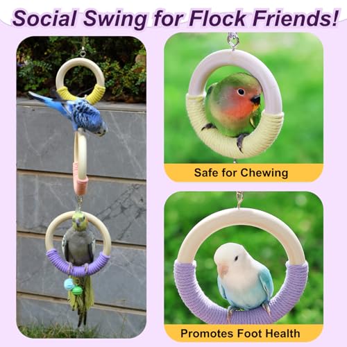 3-Ring Bird Wooden Swing with Bell Climbing Toy Chewable Cotton Rope Perch | 17 Inch for Cage Cockatiels Budgies Parakeets Lovebirds