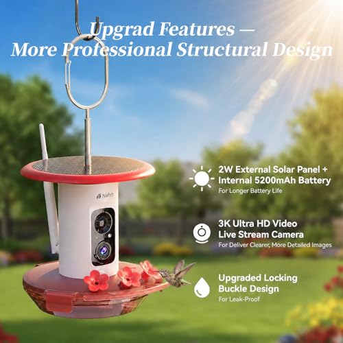 Smart Hummingbird Feeder with Camera 5G WiFi, 3K, Solar Leakproof | AI Bird Alerts, Bee Ant-Pproof Design, Easy Refill, EasyCleaning, Weatherproof, HummingBird Watching, Birthday Gift for Mom