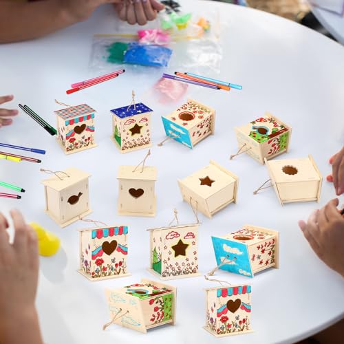 Outus 12 Pcs Wooden Birdhouse Craft Kits to Build, 4 Shapes Wooden Unfinished Bird House with Butterfly Sticker for and Arts Crafts Bulk Painting Kits(Stylish) - style: Stylish