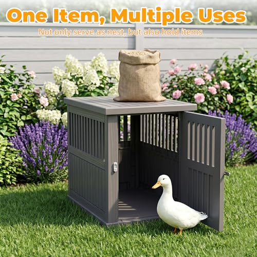 Vixzen Outdoor Duck House, PP Resin Poultry Shelter, Gray | Versatile, Visible Railing with Stainless Steel Lock, Top Storage Space, Ideal for Patios, Farms - color: Gray, size: 29.7"L x 21.3"W x 25.3"H