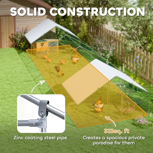 PawHut Large Chicken Coop w/Waterproof Anti-UV Cover 33' x 10' x 6.4' | Metal Chicken Run, Spire Shaped Walk in Hen House Cage for 30-40 Hens Ducks Poultry, Outdoor Yard Farm, 1" Tube Diameter - size: 393.7"L x 118.1"W x 76.8"H
