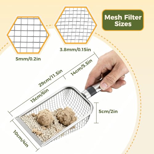 2 Pack Stainless Steel Metal Chicken Cat Poop Scooper(3.8mm+5.0mm) | Coop Scoop Shovel, Chicken Coop Cleaning Tool, Sifting Rake for Chicken Litter, Ergonomic Handle, Easy to Clean