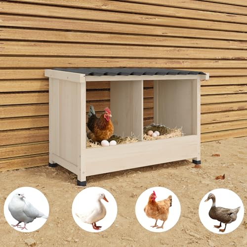 Chicken Nesting Box, 2 Holes Wooden Nesting Box, Hens-Wall Mounted or Floor Use, Chicken Coop Accessorie with PVC Roofing, Preventing Egg Falls, Easy to Assemble, Backyard and Farms - size: 25.6"L x 15.0"W x 16.9"H