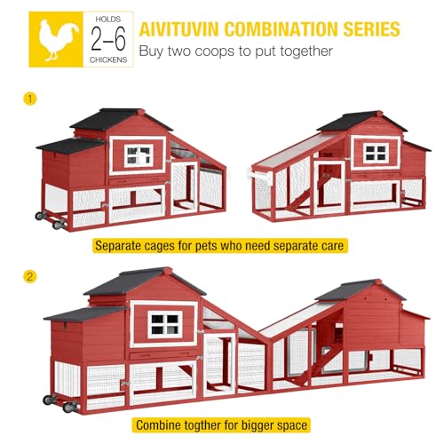 Aivituvin Mobile Chicken Coop with Wheels for 2-4 Chickens, Backyard Expandable Chicken House Duck Cage with Run, 2 Nesting Boxes, Easy Clean Pull-Out Tray, Leak-Resistant Asphalt Roof, 72.3"(Red) - color: Red, size: 72.3"L x 26.0"W x 39.4"H