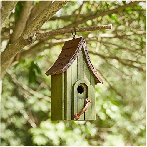 Glitzhome Birdhouses for Outdoors, Green Hand Painted Garden Wooden Bird House with Single Roof Hanging Bird House for Outside - color: Green