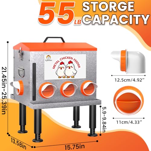 10-Gal Metal Automatic Chicken Feeder with No-Waste Feeding Tray | 55LB Capacity, 8 Feeding Ports, Rust-Proof Alloy Steel, Clear Viewing Window, Height-Adjustable Legs for Chicken Coops - color: Orange, size: 10GAL-55LB