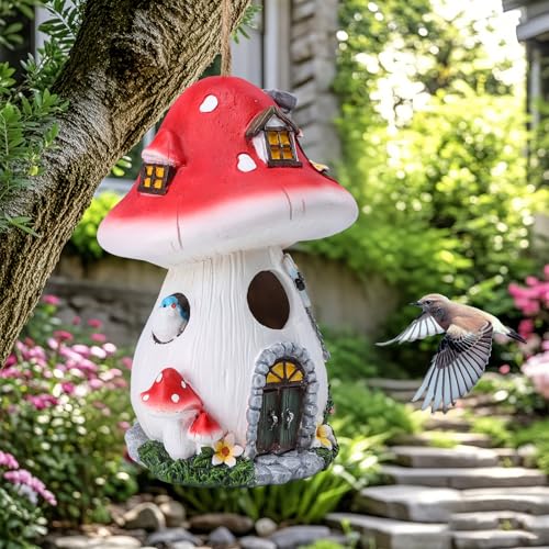 Yinns Bird House for Outside, Decorative Resin Bird Houses for Garden Decor | Birdhouses, Decorative Mushroom Bird Houses for Outdoor Hummingbird, Bluebird, Cardinal Garden Yard Decor - color: Red Mushroom Resin