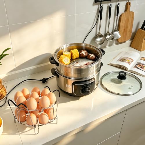 304 Stainless Steel Stackable Egg Steamer Rack Holds 18 Eggs | Double-layer Wire Steaming Rack & Skewers with Heat-Resistant Handles for 6qt/8qt Pressure Cooker Grilling - color: Double-layer Stackable