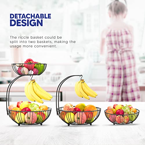 Fruit Basket For Kitchen Counter - Fruit Basket With Banana Hanger - Double Layer Metal Wire Fruit Bowl For Countertop - Fruit Holder For Produce, Vegetables