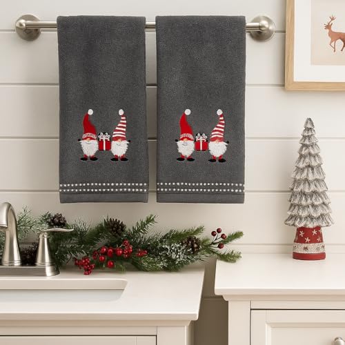 Christmas Gnomes Towel Set: Grey Hand Towels with Red White Embroidery Jolly Nordic Gnome - color: Gnome Friends