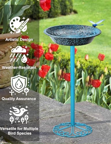 SAC SMARTEN ARTS Freestanding Bird Bath for Outside Metal Birdbaths Birdfeeder Bowl with Metal Stake Spa Bird Feeder Standing for Garden Patio Yard Lawn Décor 25.5 Inch Height - color: Carbon Black with Turquoise & Copper Speckles