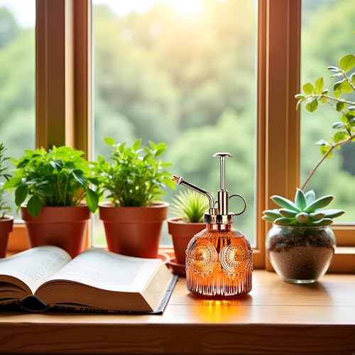 Glass Plant Mister Spray Bottle, 230ML Vintage Plant Spritzer, Succulent Watering Bottle Glass with Top Pump, Small Plants Sprayer Watering Can for Indoor Outdoor House - Brown - color: Brown