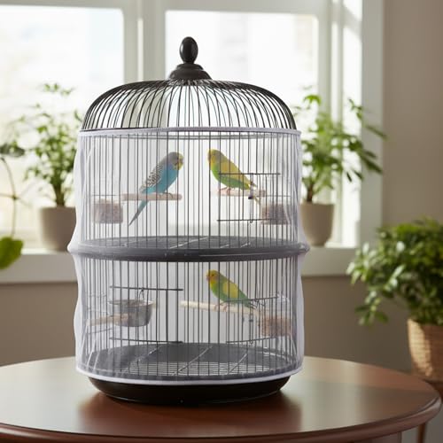 Bird Cage Seed Catcher, Mesh Net Cover Guard Soft Airy Cage Net Stretchy Skirt for Parrot Enclosures Round Square Cages(White