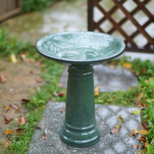 Ceramic Pedestal Bird Bath for Outside, 15 x 12 Inch, Green | Glazed Finish, Easy Twist-to-Lock Assembly - color: Green