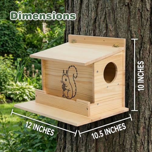 Squirrel House, Squirrel Box, Squirrel Houses for Outside, Squirrel Boxes with Front Feeder, Nesting Box, Wooden Houses with Predator Guard Design for Squirrels, Chipmunk and Small Animals