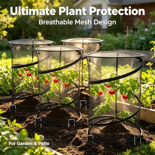 MDEOOSKY 4 Pack Pop Up Plant Covers Tent, 23.6"x11.8" Round Insect & Bird Barrier Mesh, Garden Protector Cage with 16 Ground Stakes, Foldable for Outdoor & Indoor Plants, Black